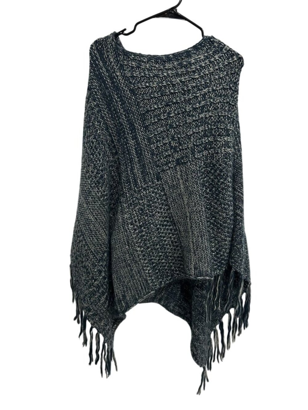 Lane Bryant OS Knit Poncho Fringe Hem Blue White Marled Design Boho Rusticcore